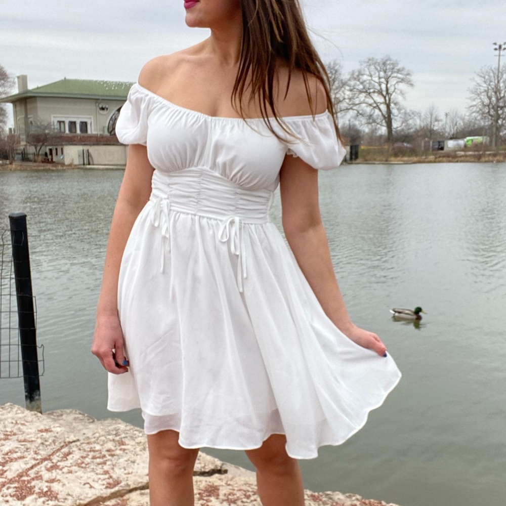 White A-line dress with puff sleeves